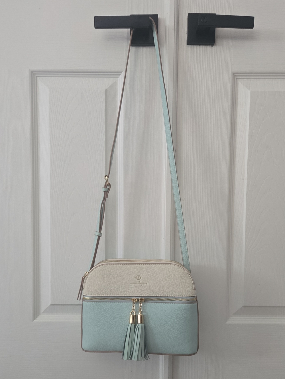 Nanette Lepore Cream and Light Blue Pebbled Leather Crossbody with Tassels